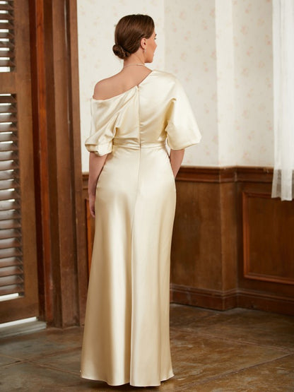 Wholesa Sheath/Column Charmeuse Ruched Off-the-Shoulder Short Sleeves Floor-Length Mother of the Bride Dresses