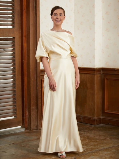 Wholesa Sheath/Column Charmeuse Ruched Off-the-Shoulder Short Sleeves Floor-Length Mother of the Bride Dresses