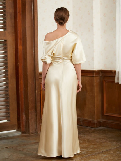 Wholesa Sheath/Column Charmeuse Ruched Off-the-Shoulder Short Sleeves Floor-Length Mother of the Bride Dresses