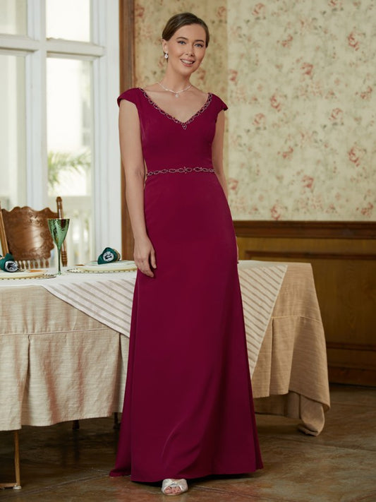 Wholesa Sheath/Column Stretch Crepe Beading V-neck Sleeveless Floor-Length Mother of the Bride Dresses