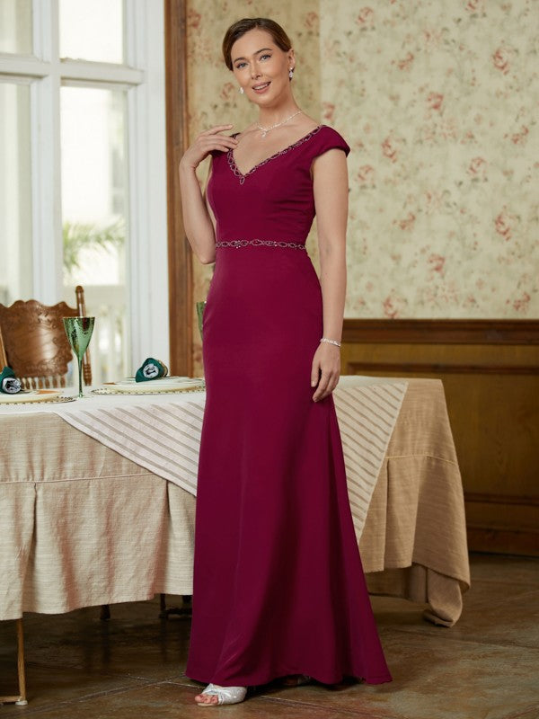 Wholesa Sheath/Column Stretch Crepe Beading V-neck Sleeveless Floor-Length Mother of the Bride Dresses