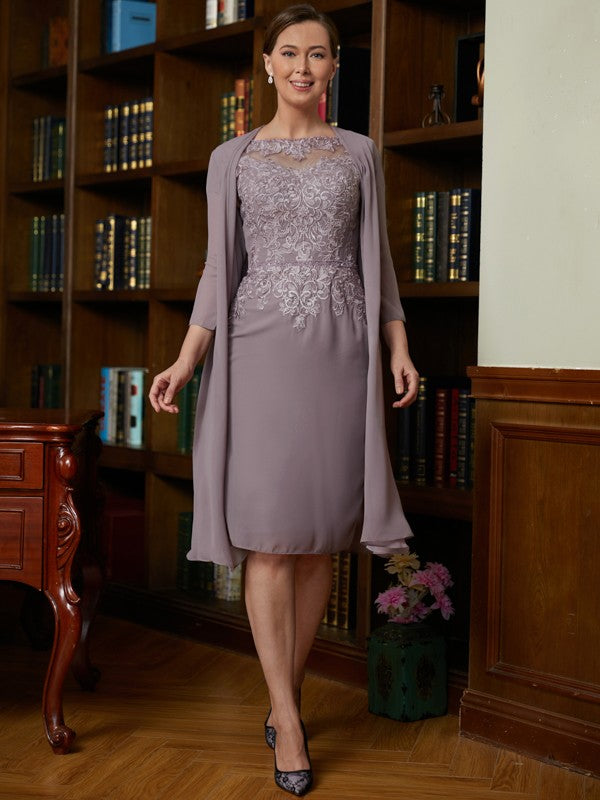 Wholesa Sheath/Column Chiffon Lace Scoop Short Sleeves Knee-Length Mother of the Bride Dresses