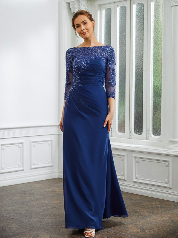 Wholesa Sheath/Column Chiffon Applique Bateau 3/4 Sleeves Floor-Length Mother of the Bride Dresses