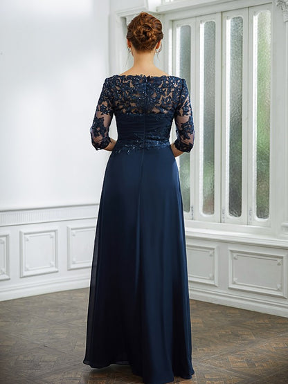 Wholesa A-Line/Princess Chiffon Applique Bateau 3/4 Sleeves Floor-Length Mother of the Bride Dresses