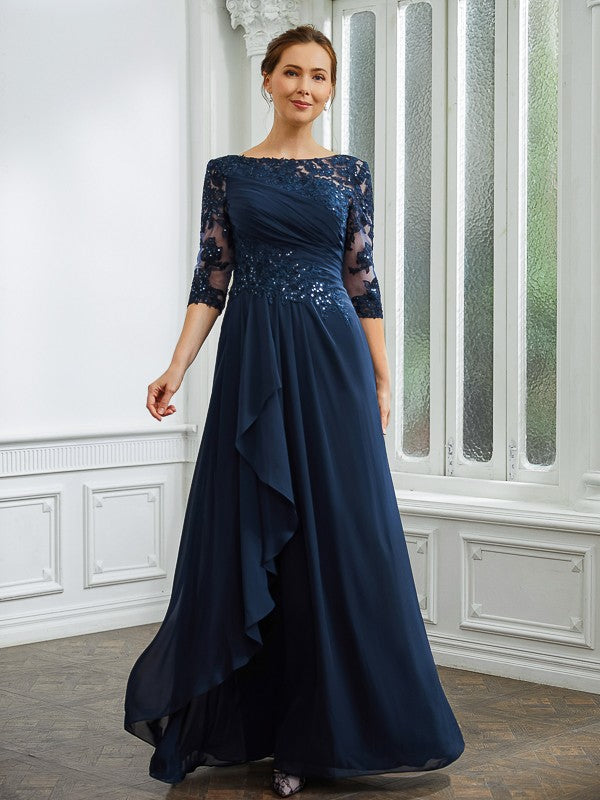 Wholesa A-Line/Princess Chiffon Applique Bateau 3/4 Sleeves Floor-Length Mother of the Bride Dresses