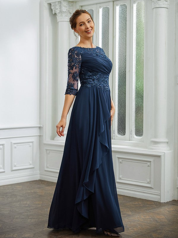 Wholesa A-Line/Princess Chiffon Applique Bateau 3/4 Sleeves Floor-Length Mother of the Bride Dresses