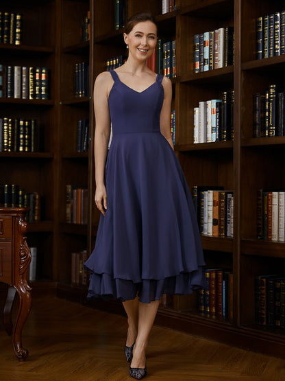 Wholesa A-Line/Princess Chiffon Ruched V-neck Sleeveless Tea-Length Mother of the Bride Dresses