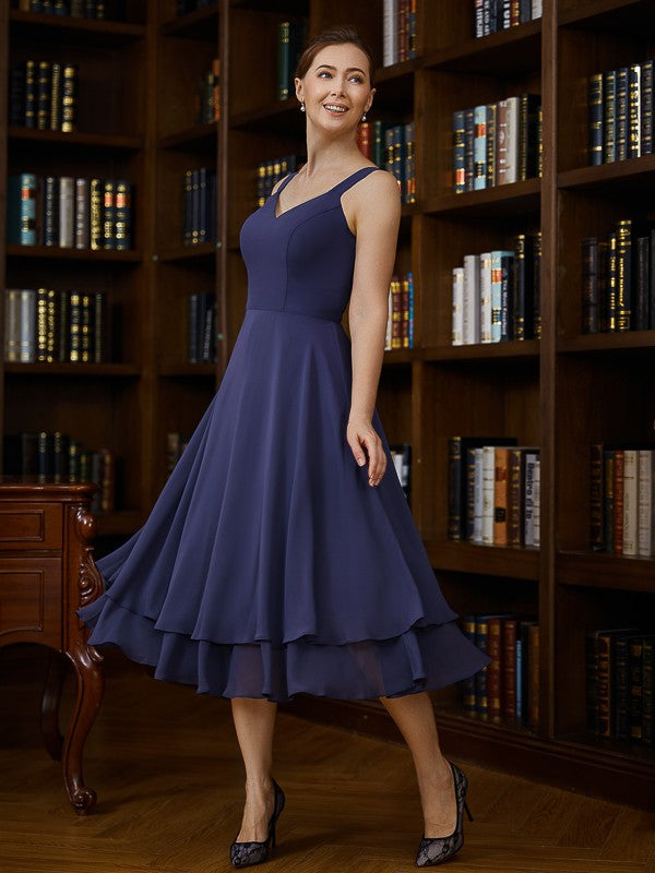 Wholesa A-Line/Princess Chiffon Ruched V-neck Sleeveless Tea-Length Mother of the Bride Dresses