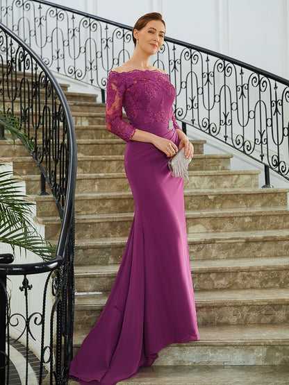 Wholesa Sheath/Column Chiffon Applique Off-the-Shoulder 3/4 Sleeves Sweep/Brush Train Mother of the Bride Dresses