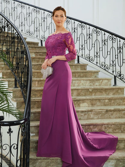 Wholesa Sheath/Column Chiffon Applique Off-the-Shoulder 3/4 Sleeves Sweep/Brush Train Mother of the Bride Dresses