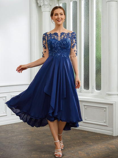 Wholesa A-Line/Princess Chiffon Applique Bateau 1/2 Sleeves Tea-Length Mother of the Bride Dresses