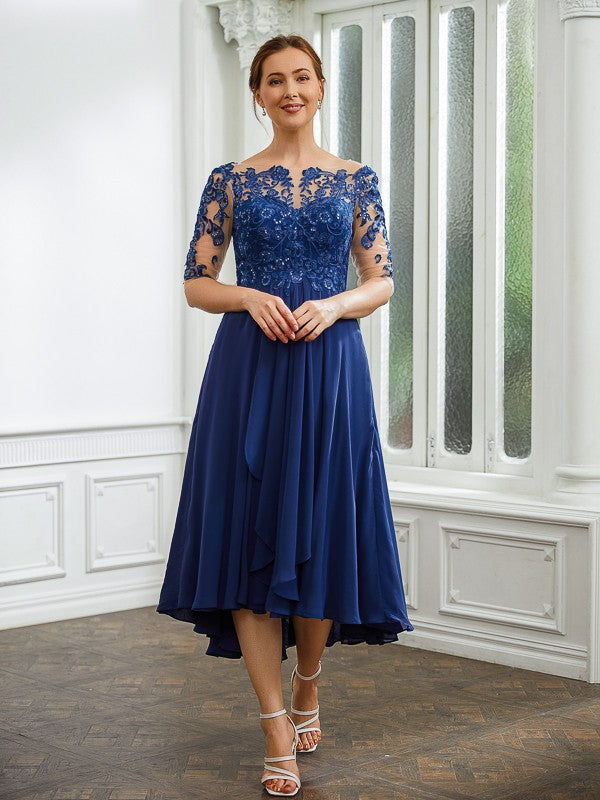 Wholesa A-Line/Princess Chiffon Applique Bateau 1/2 Sleeves Tea-Length Mother of the Bride Dresses