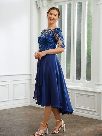 Wholesa A-Line/Princess Chiffon Applique Bateau 1/2 Sleeves Tea-Length Mother of the Bride Dresses