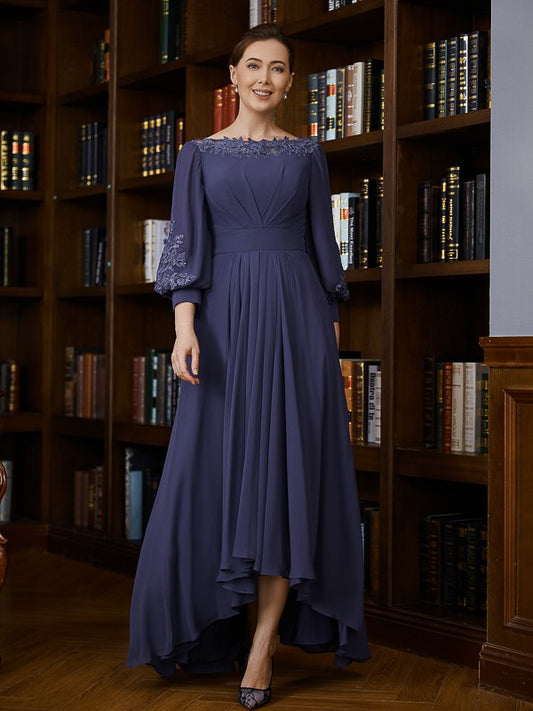 Wholesa A-Line/Princess Chiffon Ruched Bateau 3/4 Sleeves Asymmetrical Mother of the Bride Dresses