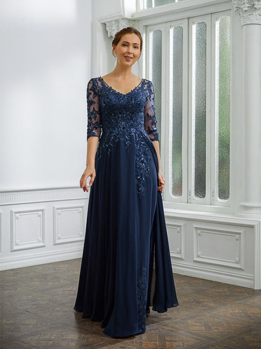 Wholesa A-Line/Princess Chiffon Applique V-neck 3/4 Sleeves Floor-Length Mother of the Bride Dresses