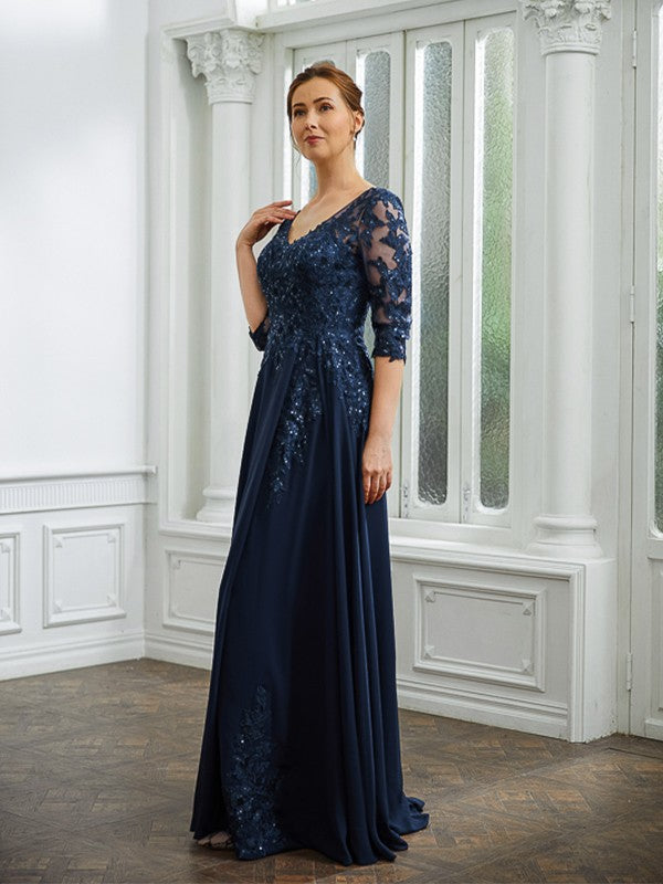 Wholesa A-Line/Princess Chiffon Applique V-neck 3/4 Sleeves Floor-Length Mother of the Bride Dresses