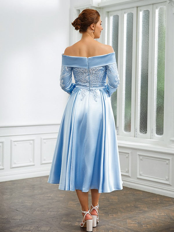 Wholesa A-Line/Princess Elastic Woven Satin Ruched Off-the-Shoulder Long Sleeves Tea-Length Mother of the Bride Dresses