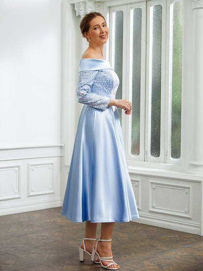 Wholesa A-Line/Princess Elastic Woven Satin Ruched Off-the-Shoulder Long Sleeves Tea-Length Mother of the Bride Dresses