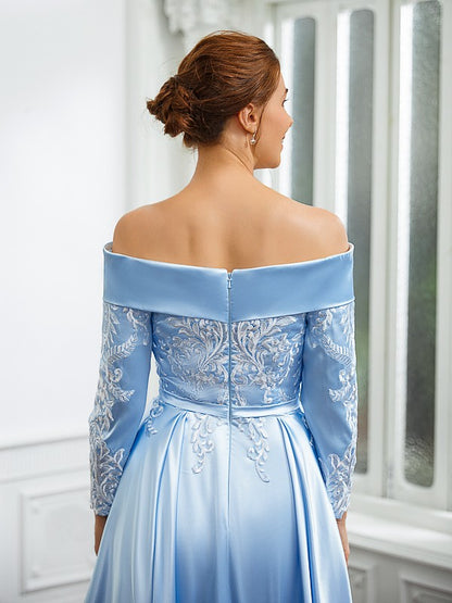 Wholesa A-Line/Princess Elastic Woven Satin Ruched Off-the-Shoulder Long Sleeves Tea-Length Mother of the Bride Dresses