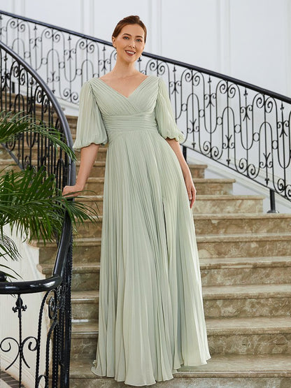 Wholesa A-Line/Princess Chiffon Ruched V-neck 1/2 Sleeves Floor-Length Mother of the Bride Dresses