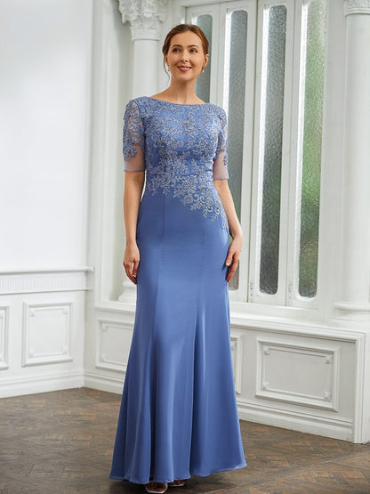 Wholesa Sheath/Column Chiffon Applique Bateau Short Sleeves Floor-Length Mother of the Bride Dresses