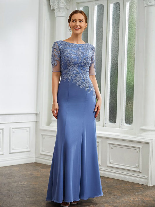 Wholesa Sheath/Column Chiffon Applique Bateau Short Sleeves Floor-Length Mother of the Bride Dresses