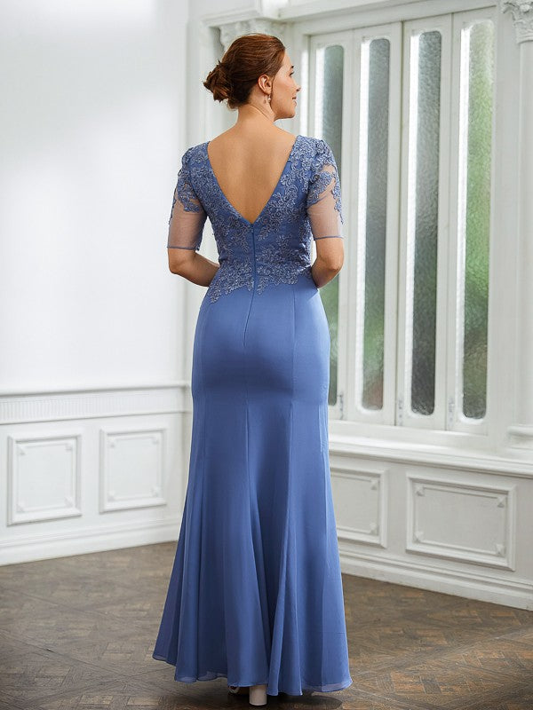 Wholesa Sheath/Column Chiffon Applique Bateau Short Sleeves Floor-Length Mother of the Bride Dresses