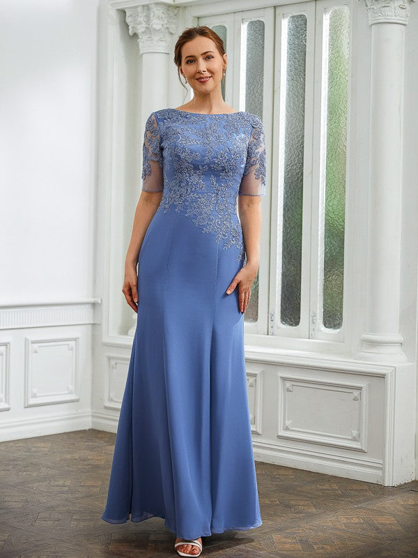 Wholesa Sheath/Column Chiffon Applique Bateau Short Sleeves Floor-Length Mother of the Bride Dresses