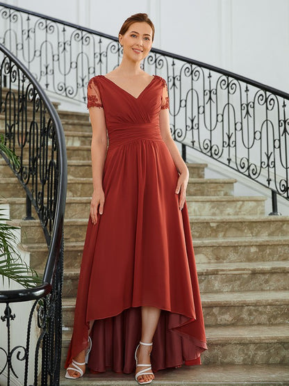 Wholesa A-Line/Princess Chiffon Ruched V-neck Short Sleeves Asymmetrical Mother of the Bride Dresses