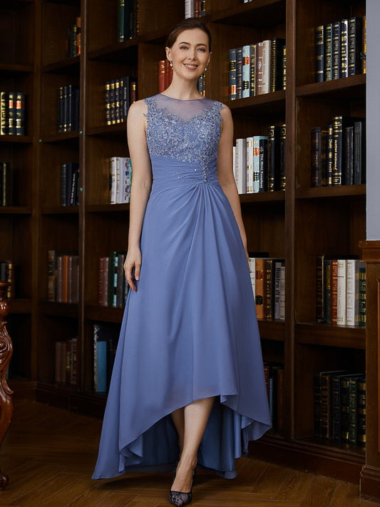 Wholesa A-Line/Princess Chiffon Applique Scoop Sleeveless Asymmetrical Mother of the Bride Dresses