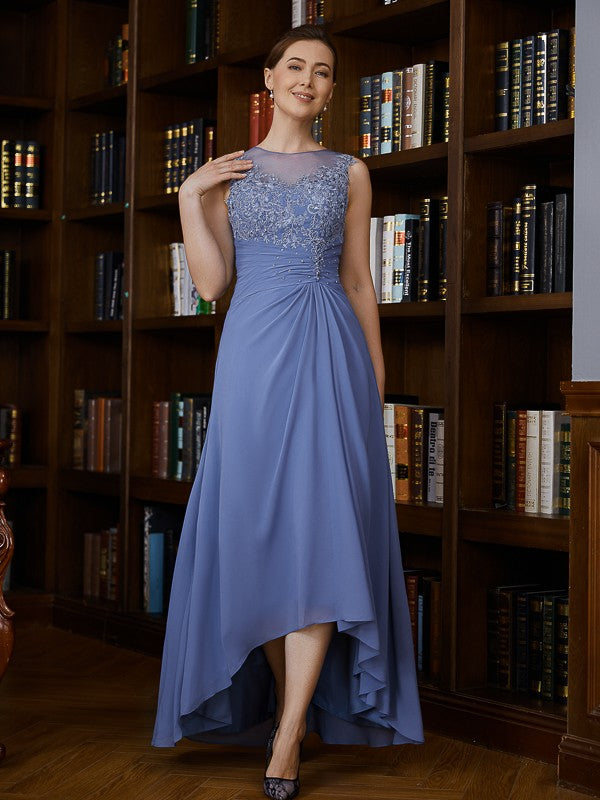 Wholesa A-Line/Princess Chiffon Applique Scoop Sleeveless Asymmetrical Mother of the Bride Dresses