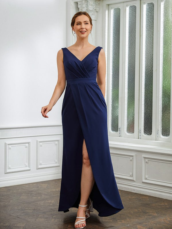 Wholesa Sheath/Column Stretch Crepe Ruched V-neck Sleeveless Floor-Length Mother of the Bride Dresses