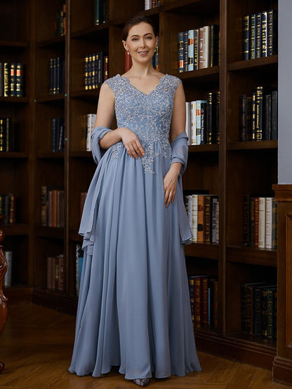 Wholesa A-Line/Princess Chiffon Applique V-neck Sleeveless Floor-Length Mother of the Bride Dresses