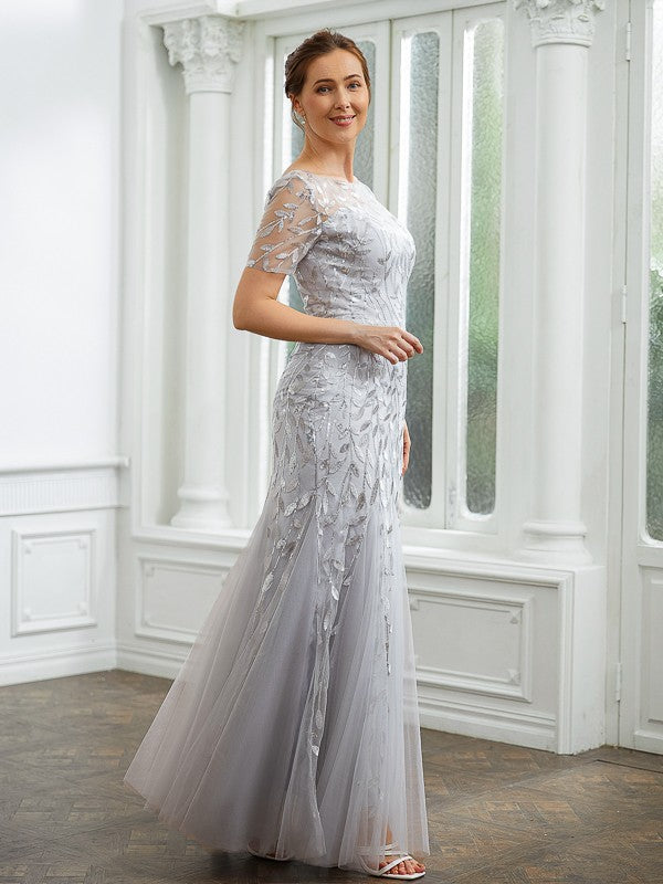 Wholesa A-Line/Princess Tulle Ruched Bateau Short Sleeves Ankle-Length Mother of the Bride Dresses