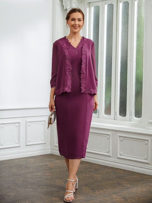 Wholesa Sheath/Column Chiffon Applique V-neck Sleeveless Tea-Length Mother of the Bride Dresses