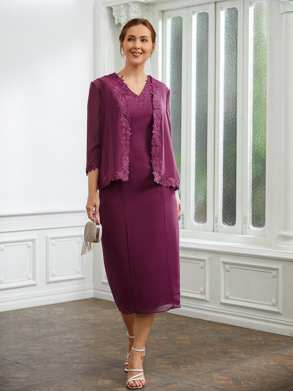 Wholesa Sheath/Column Chiffon Applique V-neck Sleeveless Tea-Length Mother of the Bride Dresses