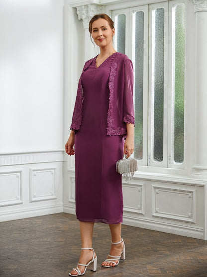 Wholesa Sheath/Column Chiffon Applique V-neck Sleeveless Tea-Length Mother of the Bride Dresses