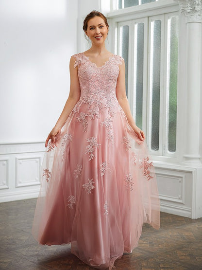 Wholesa A-Line/Princess Tulle Applique V-neck Sleeveless Floor-Length Dresses