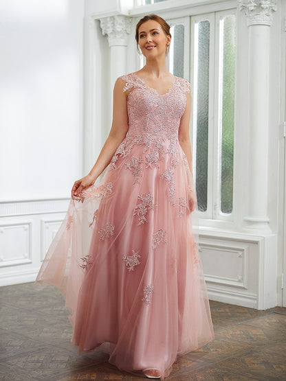 Wholesa A-Line/Princess Tulle Applique V-neck Sleeveless Floor-Length Dresses