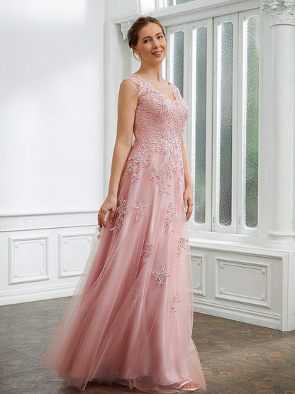 Wholesa A-Line/Princess Tulle Applique V-neck Sleeveless Floor-Length Dresses