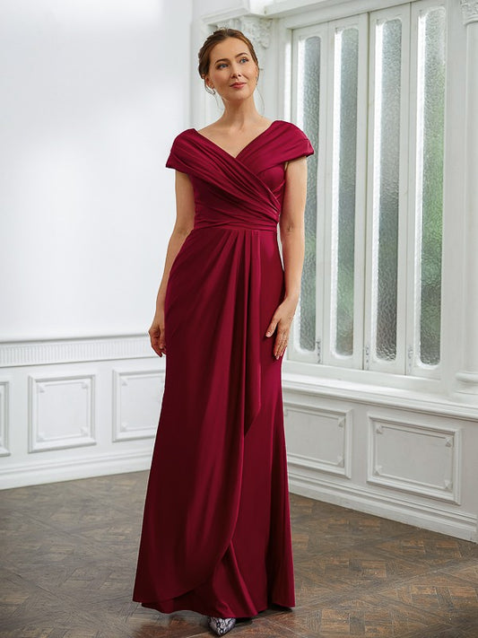 Wholesa Sheath/Column Jersey Ruched V-neck Short Sleeves Floor-Length Mother of the Bride Dresses