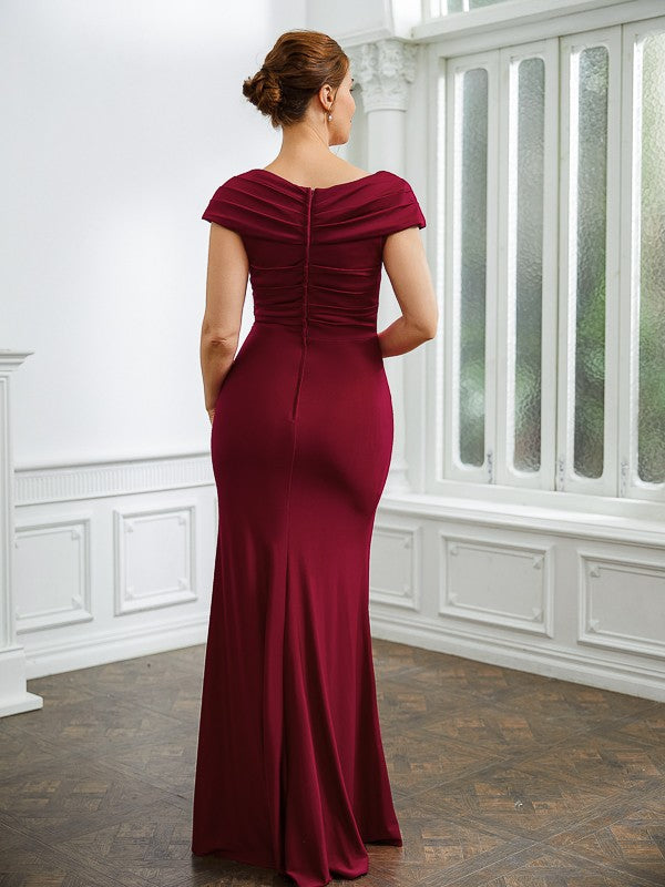 Wholesa Sheath/Column Jersey Ruched V-neck Short Sleeves Floor-Length Mother of the Bride Dresses