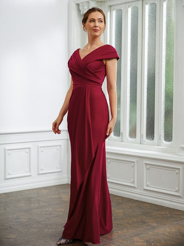 Wholesa Sheath/Column Jersey Ruched V-neck Short Sleeves Floor-Length Mother of the Bride Dresses