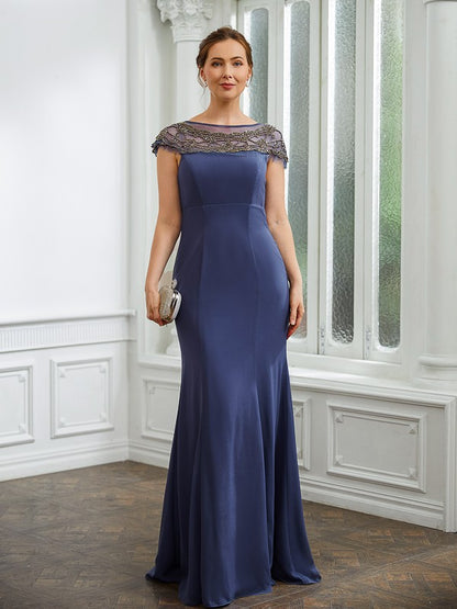 Wholesa Sheath/Column Chiffon Beading Bateau Short Sleeves Floor-Length Mother of the Bride Dresses