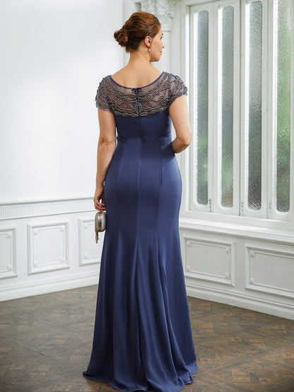 Wholesa Sheath/Column Chiffon Beading Bateau Short Sleeves Floor-Length Mother of the Bride Dresses