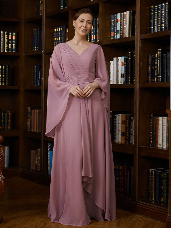 Wholesa A-Line/Princess Chiffon Ruched V-neck 3/4 Sleeves Floor-Length Mother of the Bride Dresses