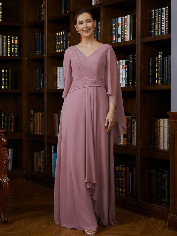 Wholesa A-Line/Princess Chiffon Ruched V-neck 3/4 Sleeves Floor-Length Mother of the Bride Dresses