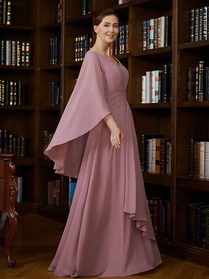 Wholesa A-Line/Princess Chiffon Ruched V-neck 3/4 Sleeves Floor-Length Mother of the Bride Dresses