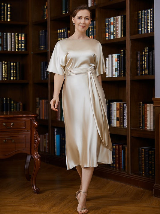 Wholesa Sheath/Column Elastic Woven Satin Ruched Scoop Short Sleeves Tea-Length Mother of the Bride Dresses