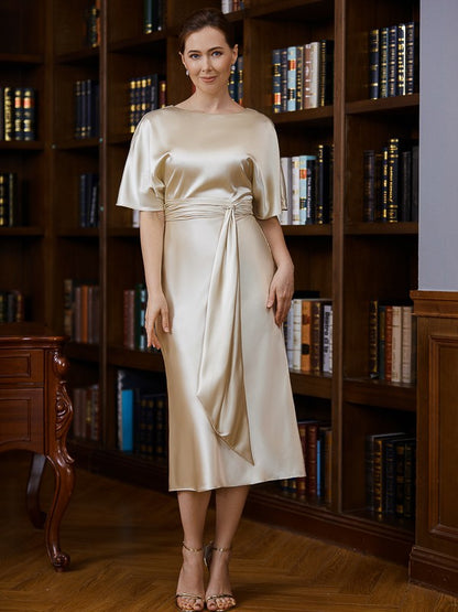 Wholesa Sheath/Column Elastic Woven Satin Ruched Scoop Short Sleeves Tea-Length Mother of the Bride Dresses